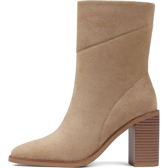 Women's Tan Ankle Boots Chunky Heel Square Toe Side Zipper Casual Booties
